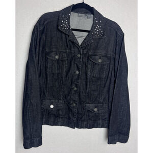 Additions by Chico's Women's Button Up Black Denim Jacket Size 2 (L) Rhinestone